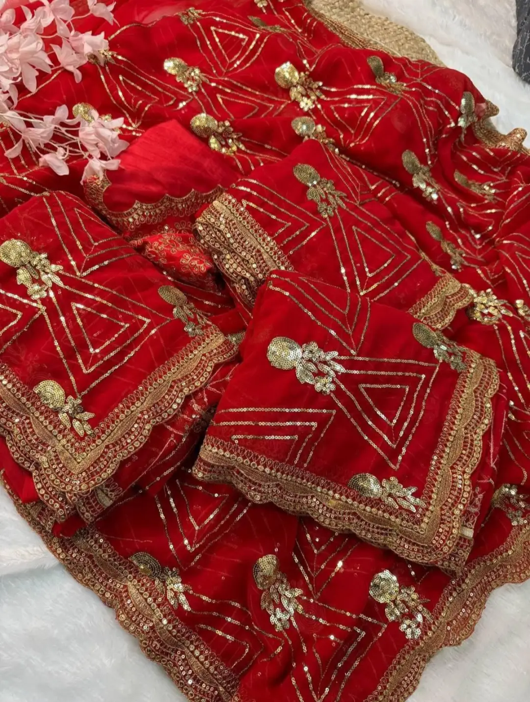 Scarlet Red Sequin & Zari Saree - Image 2