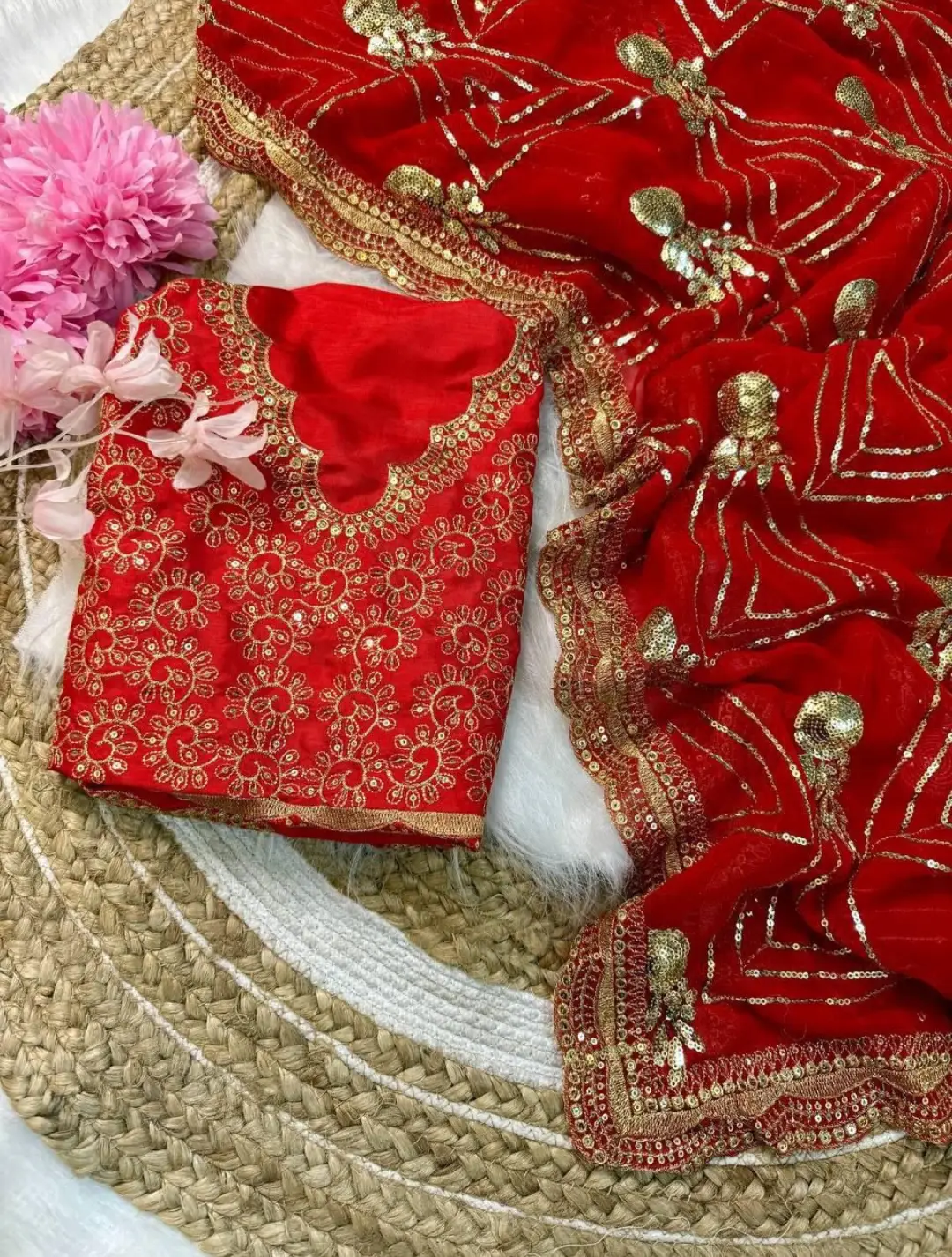Scarlet Red Sequin & Zari Saree - Image 3