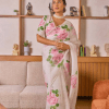 White Organza Hand-Painted Rose Saree